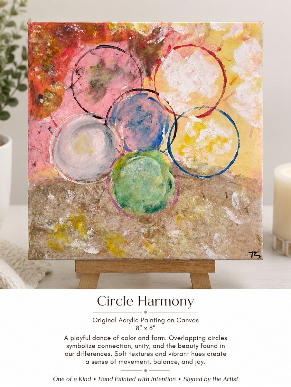 Abstract Circle Composition Acrylic Canvas - Pink, Yellow, Blue, Green